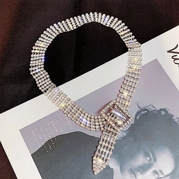 Silver Belt Buckle Crystal Rhinestone Choker - Picture 8 of 14